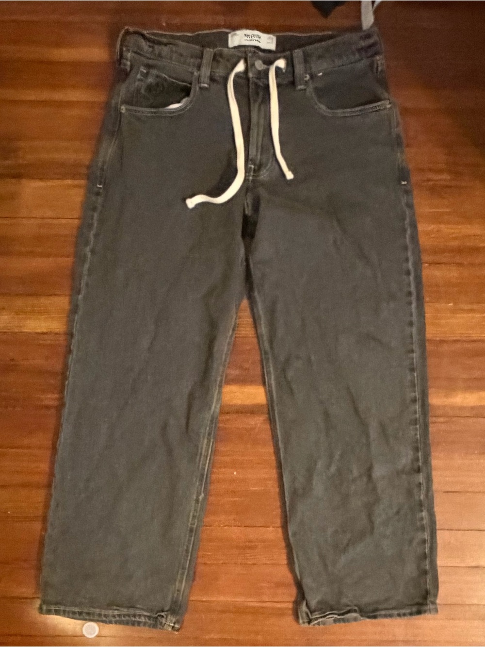 Hollister Men's Charcoal Relaxed Drawstring Jeans with White Cord